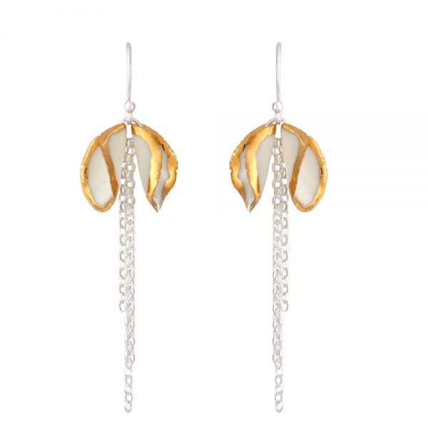 Gold edge twin petal drop earrings with a chain tassel