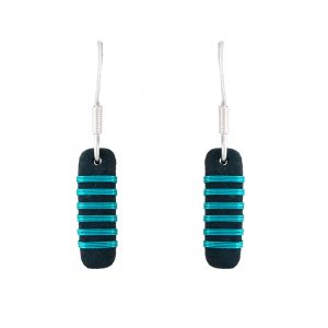 Small black porcelain drop earrings with aqua stripes