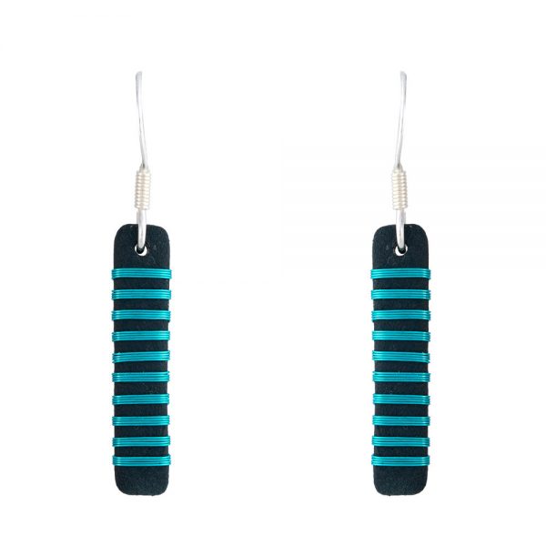 Black porcelain drop earrings with aqua stripes